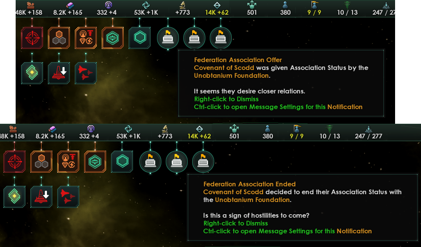 Adjacent Stellaris notifications where the Covenant of Scodd accepts Association Status with the Unobtanium Foundation, only to quickly end it again.